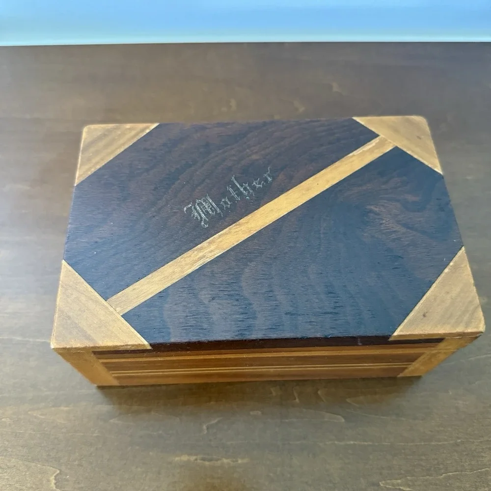 Vintage Wooden Inlay Hinged Keepsake Jewelry Box Velvet Lined Geometric Mother